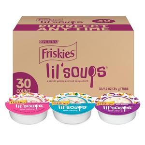 Friskies Purina Grain Free Wet Cat Food Lickable Cat Treats Variety Pack, Lil' Soups With Salmon, Tuna or Shrimp - (Pack of 30) 1.2 oz. Cups, Best By MAY 2027