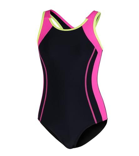 beautyin Big Kids One Piece Athletic Swimsuit for Girls Racerback Teen Bathing Suit Size 16 Black/Rose M