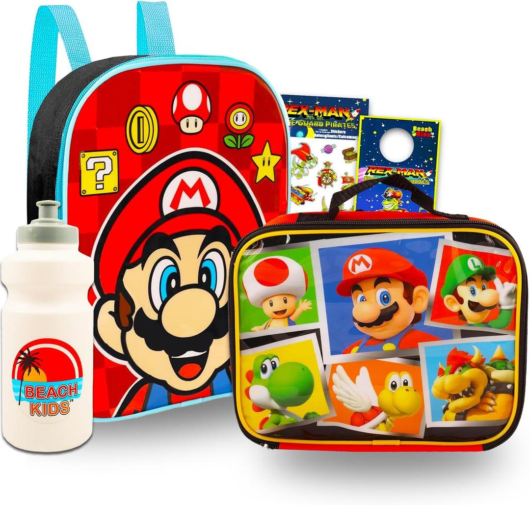 Mario Mini Backpack and Lunch Box Set for Kids - Bundle with 11" Super Mario Mini Backpack, Mario Lunch Bag, Stickers, Water Bottle, More | Super Mario Backpack for Boys 4-6
