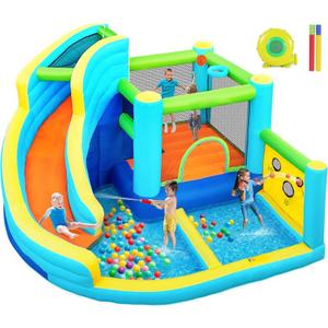 FBSPORT Inflatable Bounce House, Water Slide Park Slide Bouncer with Ball Shooting, Climbing Wall, Jumping and Splash Pool, Kids Bouncy Castle with 450W Air Blower for Outdoor Backyard