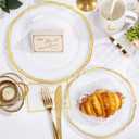 Hioasis 350pcs Clear Gold Plastic Plates - Gold Plastic Dinnerware Set Includes 50 Dinner Plates, 50 Dessert Dinnerware, 50 Cups, 50 Rolled Napkin Cutlery Perfect for Wedding & Party