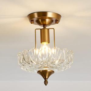 UOFUS Vintage Gold Semi Flush Mount Ceiling Light Fixture with Clear Glass Shade Flower Small Chandelier Brass Close to Ceiling Light for Hallway Entryway Bedroom Porch Foyer Corridor Kitchen