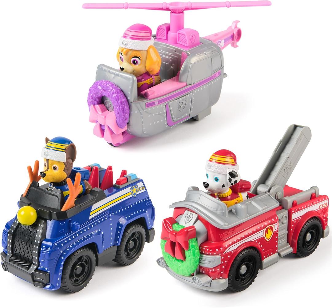 Paw Patrol Holiday Vehicle Bundle, Holiday-Themed Chase, Marshall & Skye Action Figures & Rescue Vehicles, Kids Toys for Boys & Girls Ages 3 & Up
