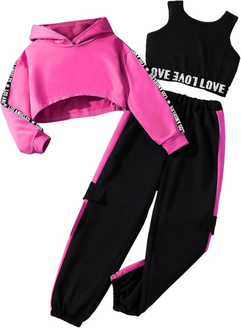 Hilinker Girls Graphic 3 Piece Outfits Workout Hoodie Crop Tank and Sweatpants Set (11-12 Years, Hot Pink Black La)