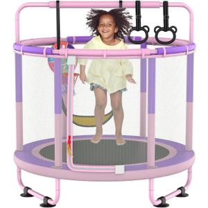 LANGXUN 60" Trampoline for Kids, 5ft Toddler Mini 6-in-1 Trampoline Indoor Outdoor with Swing, Basketball Hoop, Dart Board, Rings, Christmas Toys Birthday Gifts for Girls Boys  Pink&Purple 6-in-1