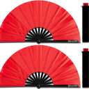 2 Pack Large Folding Hand Fans, Bamboo Handheld Rave Fan Wedding Fan Bamboo Frame Thickened Smooth Fabric for Cooling Decoration Women Men Gril Boy Gift, 13.8" Red