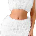 WDIRARA Women's Fuzzy 2 Piece Outfits Bandeau Crop Top Bodycon Mini Skirt Set Party Club Outfits (Large, White)
