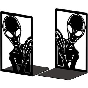 Peacoblue Metal Bookends for Shelves, Modern Decorative Heavy Duty Study Book Ends Stoppers for Office, Desk, Shelf, Room 4.7"x3.5"x7.9" Cast Iron Simple Tall Bookends 1 Pair (Aliens)