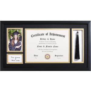 ELSKER&HOME 11x22 Diploma Frames with Tassel Holder for 8.5x11 Certificate Document Shadow Box, 4x6 Graduation Photo, Matte Black Frame, Degree Double Mat, Black with Gold Rim