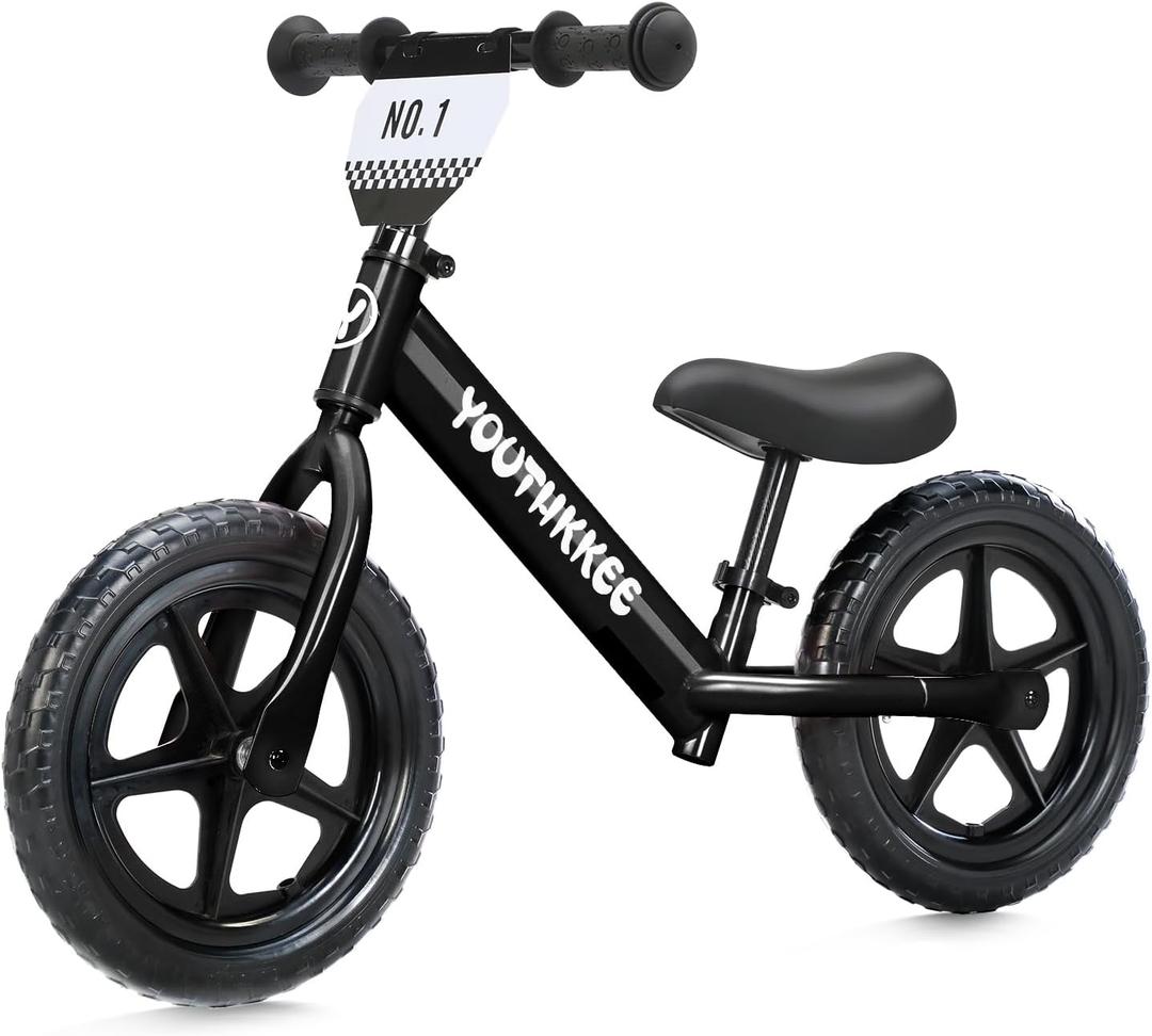 Youthkkee 12 Inch Toddler Balance Bike for 1-3 Year Olds, No-Pedal Bike with Tool-Free Adjustable Seat, Quick Assembly, Gift for 1-3 Year Old Boys & Girls with Customizable Plate (KC, Black)