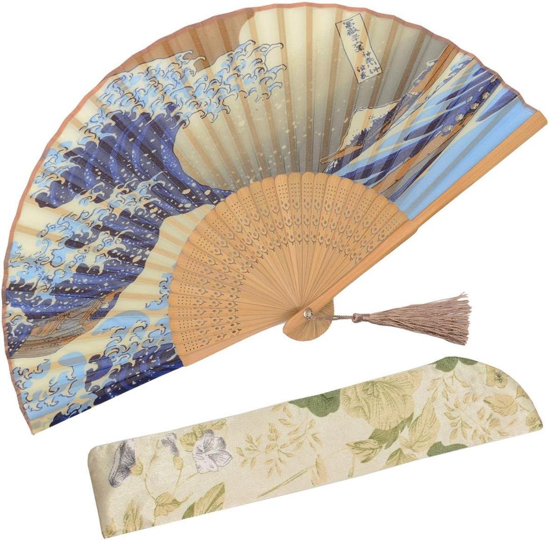 OMyTea "Landscape 8.27"(21cm) Folding Hand Held Fan - with a Fabric Sleeve for Protection for Gifts - Japanese Vintage Retro Style (Kanagawa Sea Waves)