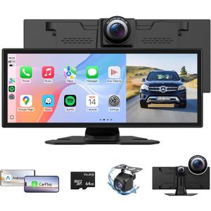 Upgrade Wireless Carplay Screen for Car with 4K Dash Cam, 11.26'' Portable A-pple CarPlay & Android Auto Car Stereo Touchscreen with Backup Camera, Mirror Link/GPS Navigation/Bluetooth/Siri/FM