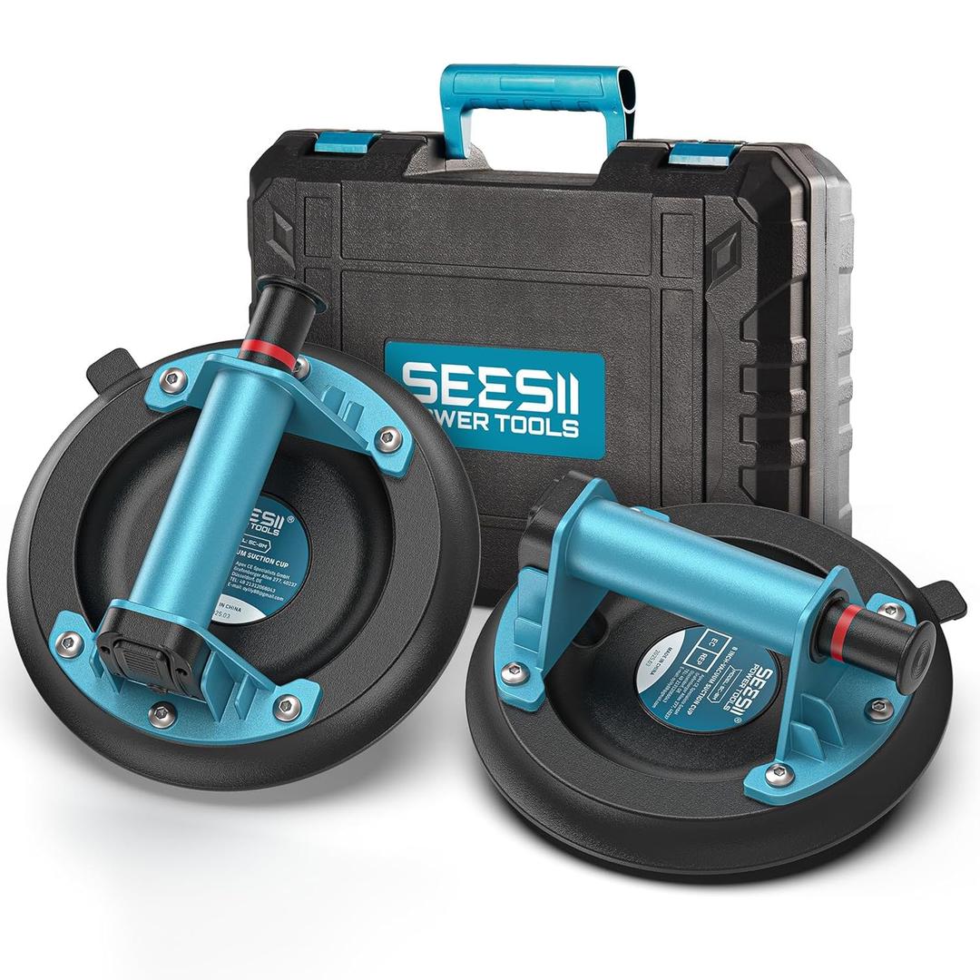 SEESII Suction Cups for Glass Lifting: 8" Tile Suction Cup Lifter with Handle and Pump, 200KG Load Capacity Heavy Duty Vacuum Lifter for Lifting Large Tile, Granite, Metal, Windows (2-Pack) (Blue)