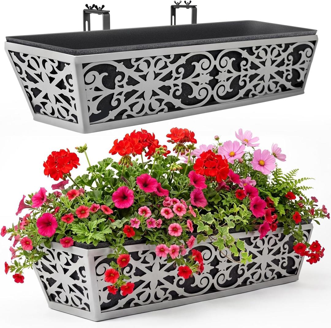 2 Pack 24 Inch Window Boxes Planter for Outdoor Plants Deck Railing Planters Box with Adjustable Brackets for Porch Fence Balcony Hanging Flower Baskets with Non-Woven Fabric Liner for Garden Decor