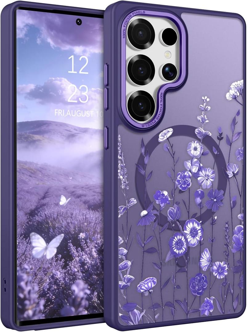 DOMAVER for Samsung Galaxy S25 Ultra Case, Magnetic Phone Case for Samsung S25 Ultra [Compatible with MagSafe] Slim Fit Flowers Floral Design Shockproof Protective Bumper Women Girls Cover- Purple