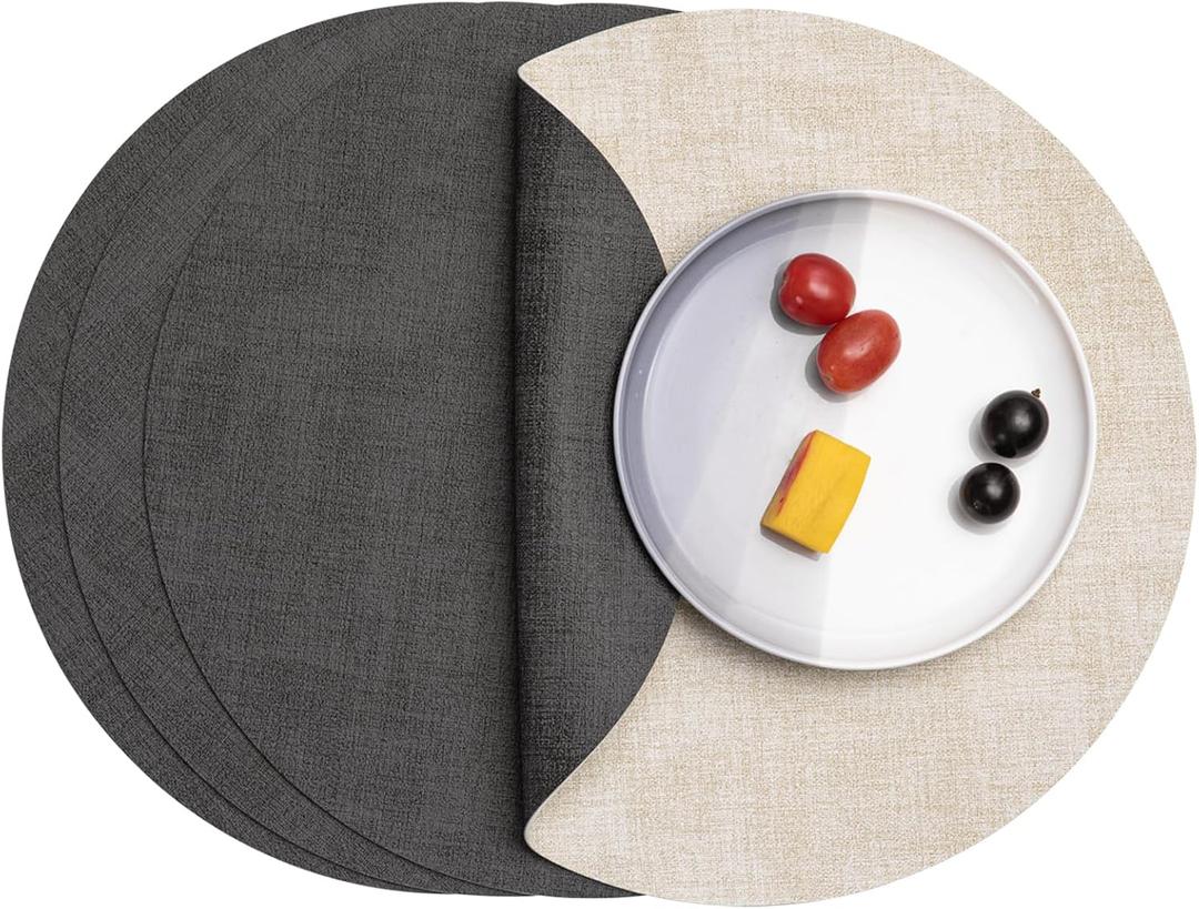 Myir JUN Round Placemats Dual Sided, Faux Leather Place Mats Set of 4 Indoor Placemats for Dining Table Outdoor Placemats Non-Slip Washable Table Mats (Gray Cream-White, Set of 4)