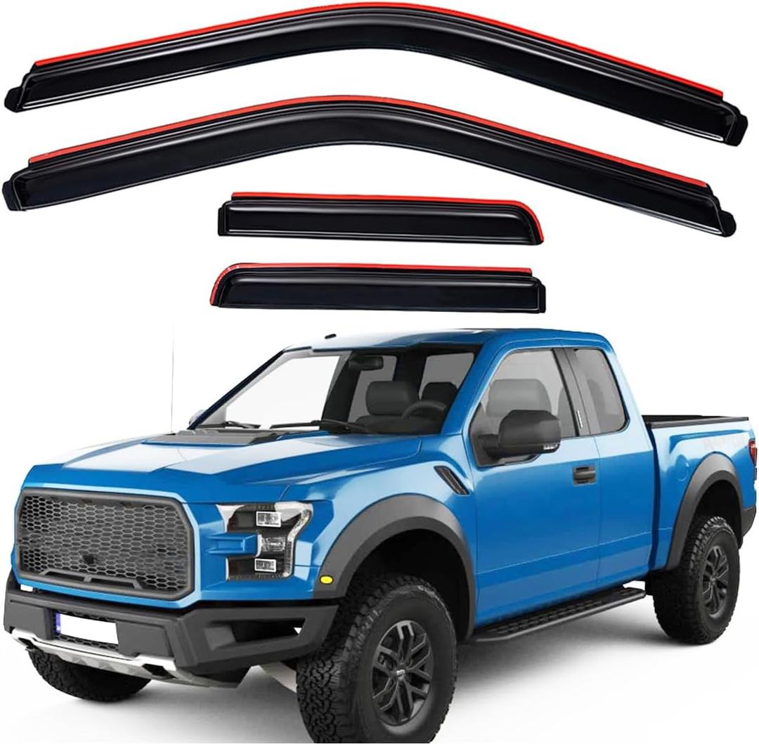 Lightronic Extra Durable Clip-on in-Channel Auto Vent Window Visor, Fits 2015-2025 Ford F-150, 2017-2025 F-150 Raptor, SuperCab, UV Protection Rain Guard, Original Wind Deflector, Dark Smoke, 4-Pcs