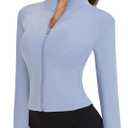 Shyyween 2 Pack Women's Workout Jacket Slim Fit Cropped Jacket Zip up Athletic Tops with Thumb Hole Running Gym Yoga Large, Blue & Black