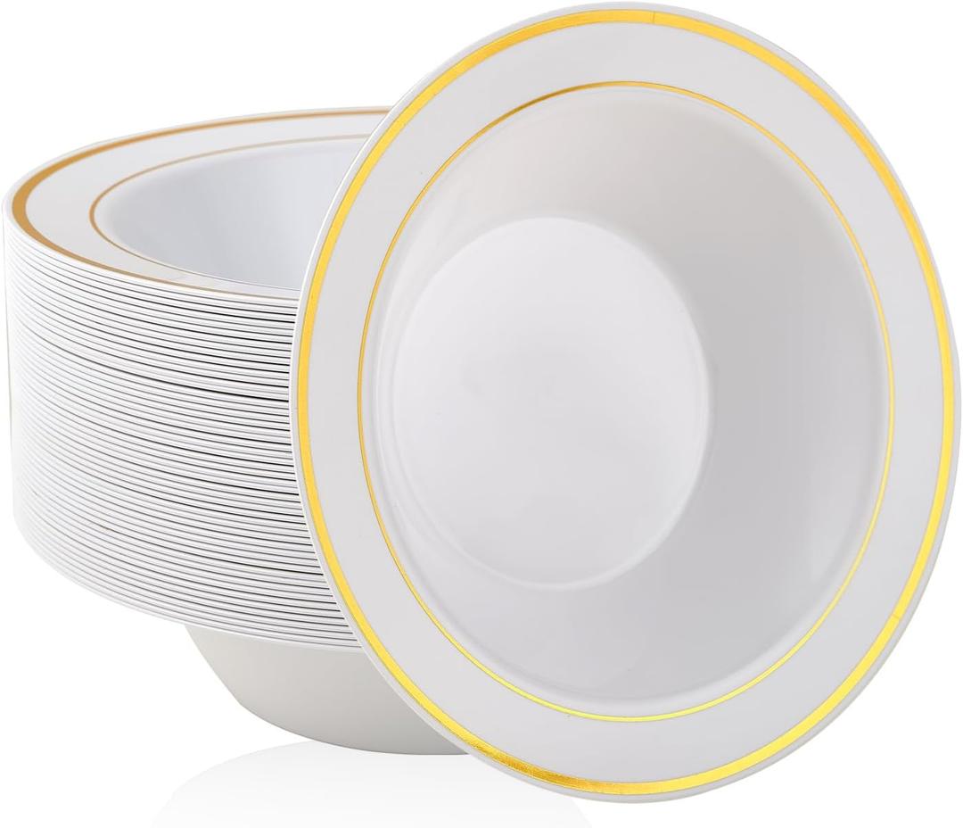 JOLLY PARTY 100PCS Plastic Bowls with Gold Rim-12oz disposable Soup Bowls, Christmas Thanksgiving Premium Dessert Salad Bowls for Wedding/Party