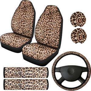 7-Piece Leopard Print Car Accessory Set - 2 Front Seat Covers, Steering Wheel Cover, 2 Cup Holders & 2 Shoulder Pads for Most Cars