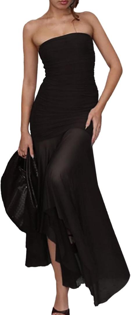 Women's Sexy Strapless Mesh Maxi Dress Tube Top Midi Dresses Wedding Guest Party Cocktail (Black, L)