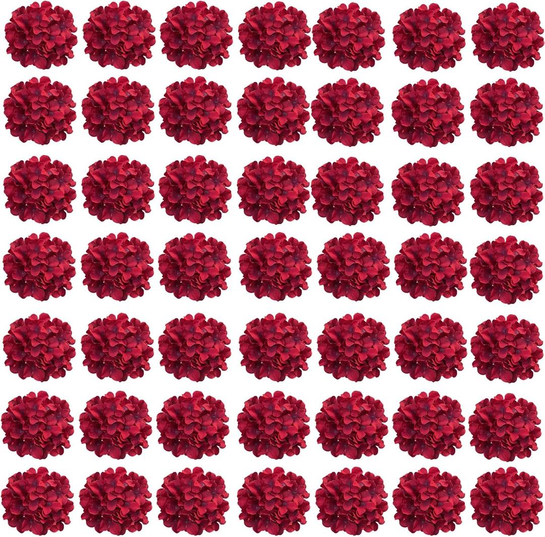Cherica Red Hydrangea Artificial Flowers Bulk, 60 Pcs Faux Hydrangea Flowers Heads, Artificial Fake Silk Hydrangea Flowers with Stems, Red Flowers Artificial for Decoration Wedding Décor