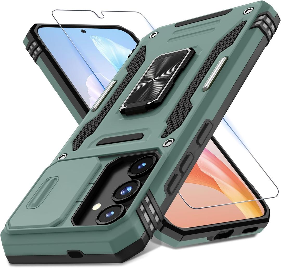 DEERLAMN Case for Samsung Galaxy S24 6.2-Inch with Slide Camera Cover+Screen Protector(1 Pack), Rotated Ring Kickstand Military Grade Shockproof Protective Cover-Green