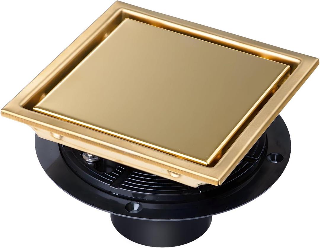 SaniteModar Shower Drain, 6 inch Shower Floor Square Drain with Flange, 2 in 1 Panel SUS 304 Stainless Steel Square Shower Drain, Brushed Gold