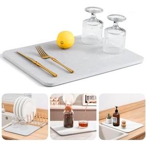 WALL QMER Super Absorbent Stone Drying Mat for Kitchen Counter, Fast-Drying Diatomaceous Earth Dish Drying Mats, Versatile Stone Drying Tray for Cups Dishes Bottles, Ash White​