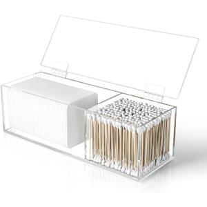 Clear Acrylic Qtip Holder for Clean Skin Club Clean Pads Clean Towels Box, 2-Compartment Cotton Pad and Swab Dispenser with Flip-Top Lid, Cotton Round Organizer for Bathroom Vanity Countertop