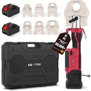 NEWTRY Pro Press Tool Kit Hydraulic Electric Pipe Crimping Tool 1/2",3/4",1",1-1/4",1-1/2", 2" Jaws 350 Rotatable Head Rechargeable 2pcs 5000mAh Batteries for Stainless Steel Copper PEX Pipes