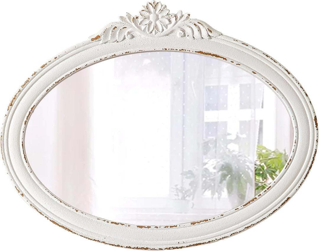 Rustic Oval Mirrors for Wall 18 X 24 Inch, Hanging Distressed White Oval Mirror Bathroom, Wooden Framed Farmhouse Mirrors for Wall Decor, Vintage Mirror with Carved Flower for Entryway