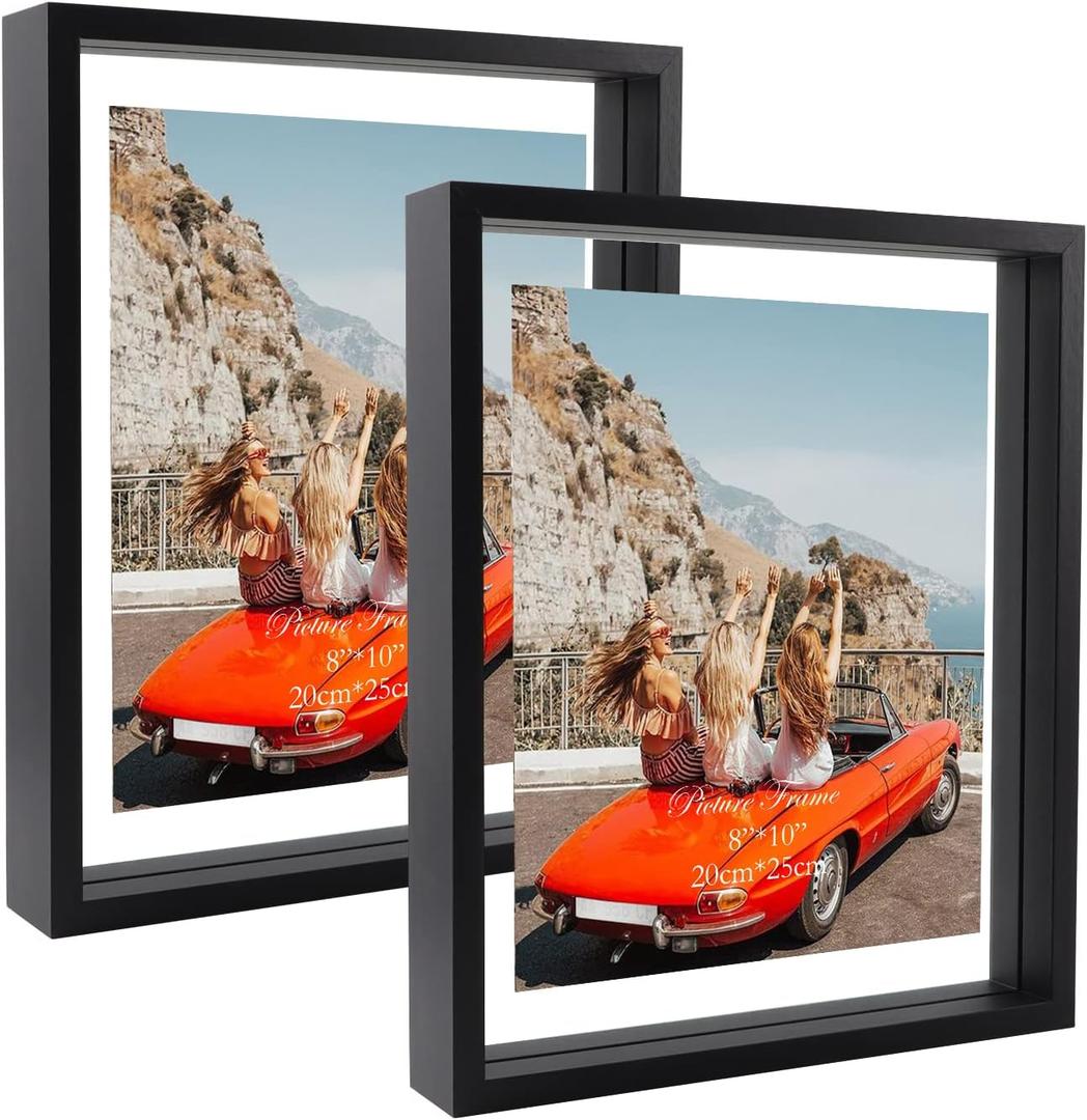 Trwcrt 8x10 Floating Picture Frame Set of 2, Double Glass Rustic Photo Frames Display up to 7 x 9 Photos for Tabletop or Wall Mount, Black