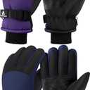 Wenouy Kids Winter Gloves Waterproof Snow Ski Gloves for Boys Girls Warm Adjustable Accessories for Cold Weather (6-8 Years, Navy Blue, Purple)