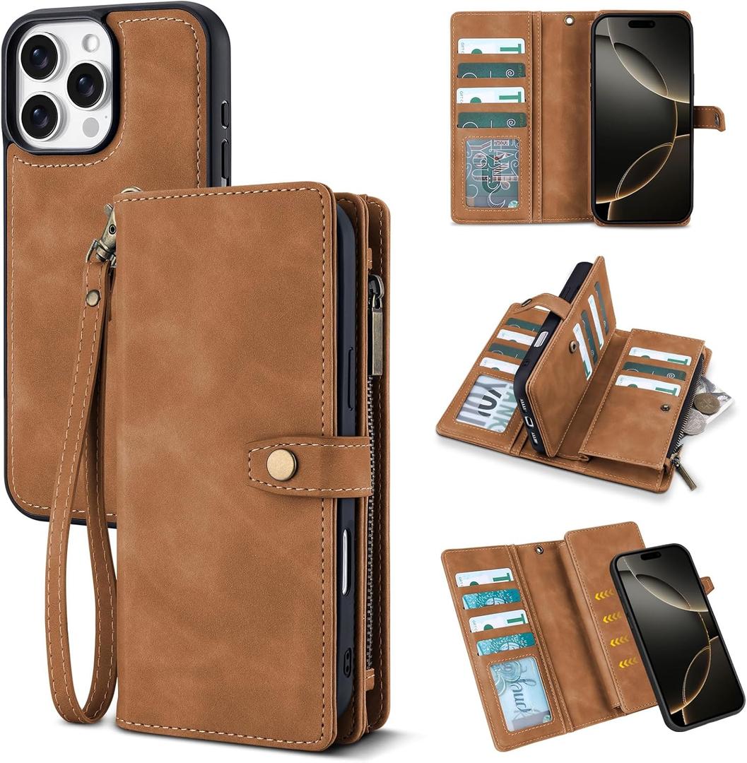 TwoHead Wallet Case Compatible with iPhone 16 Pro Max, Detachable Magnetic Phone Case,PU Leather All-Round Protective Cover Wallet with Card Holder/Change Pocket,6.9 in,Brown