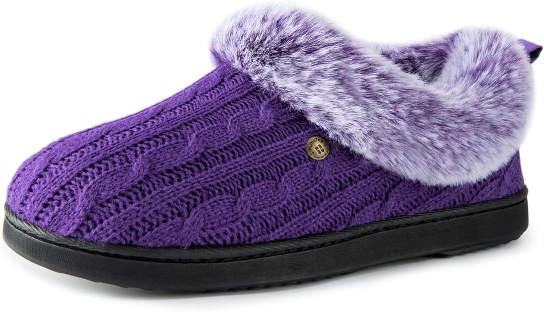 HomeTop Women's Cable Knit Slippers Breathable Warm Comfy Non-slip Indoor Outdoor House Shoes with Fuzzy Collar. Size 40-41