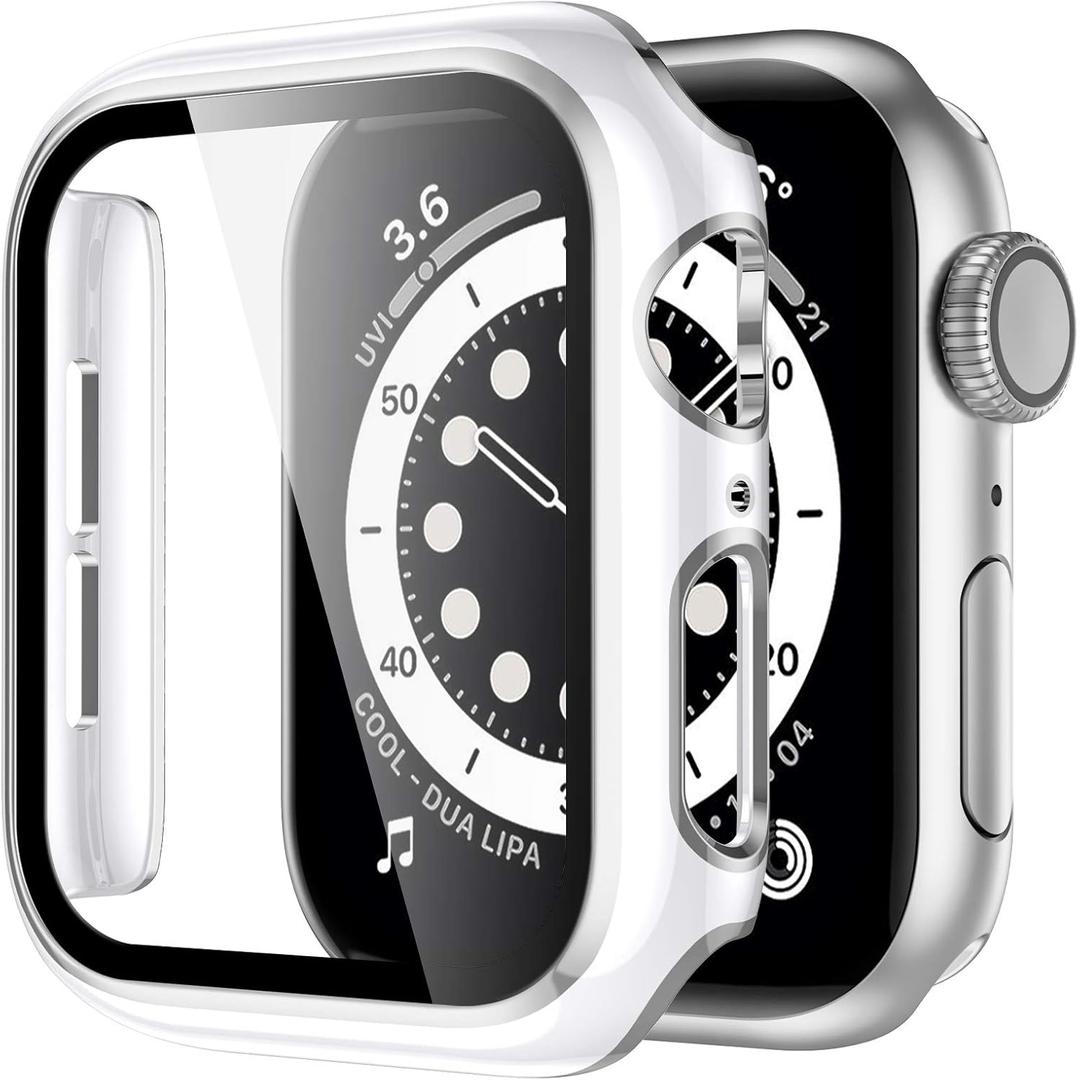 GEAK Compatible with Apple Watch Case 44mm Series 4 Series 5 with Screen Protector, White Bumper All-Around Silver Edge Protective Case for iWatch SE Series 6 5 4 44mm White/Silver