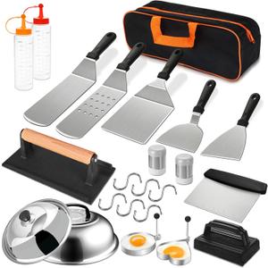 24Pcs Griddle Accessories Set, Stainless Steel Flat Top Grill Spatula Kit for Outdoor Barbecue Camping Cooking, Included Basting Cover, Scraper, Cast Iron Grill Press, Without Bag