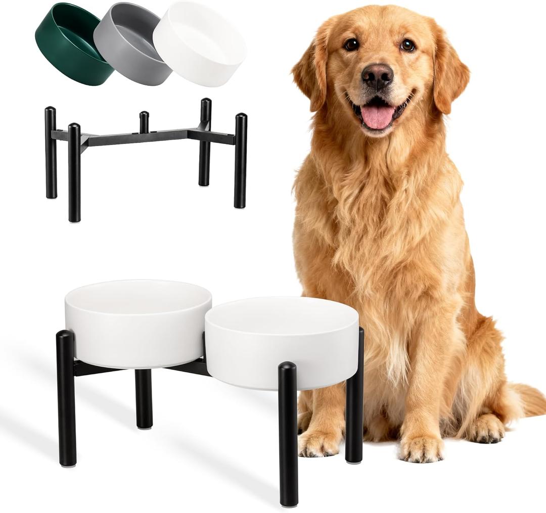 Dog Bowls Elevated - Ceramic Raised Dog Bowl with Non Slip Steel Stainless Stand - No Spill and Heated Feeding Station - Food and Water Dish Set for Medium to Large Pet - Each Holds 7.5 Cups White