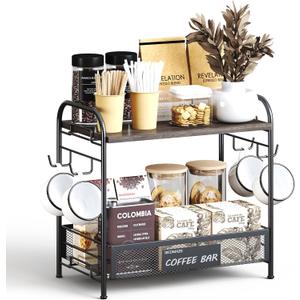 Coffee Bar Organizer for Countertop Station, Simple Assembly 2 Tier Shelf for Home,Office, Coffee Cup Holder Storage Organization for Counter Accessory Storage Rack with 4 Hooks Space-Saving (Black)