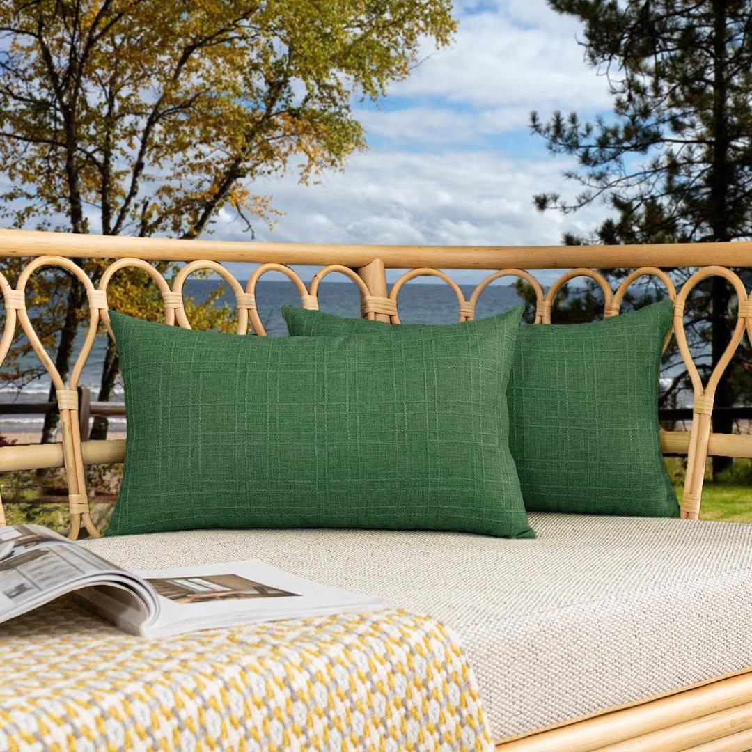 Kevin Textile Pack of 2 Outdoor Waterproof Pillow Covers Checkered Decorative Cushions Sham Throw Pillowcases Shell for Patio Tent Garden Couch Bed Sofa 20x12 Inch Dark Green