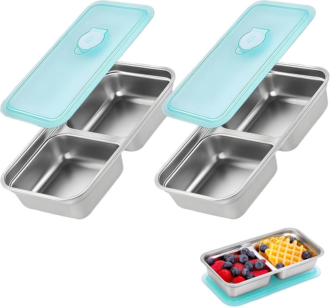 Grab and Go Snack Containers, Reusable Double Compartment Snack Containers-Stainless Steel Condiment Box with Lids for Outdoor Camping Food Storage (2 Pack)
