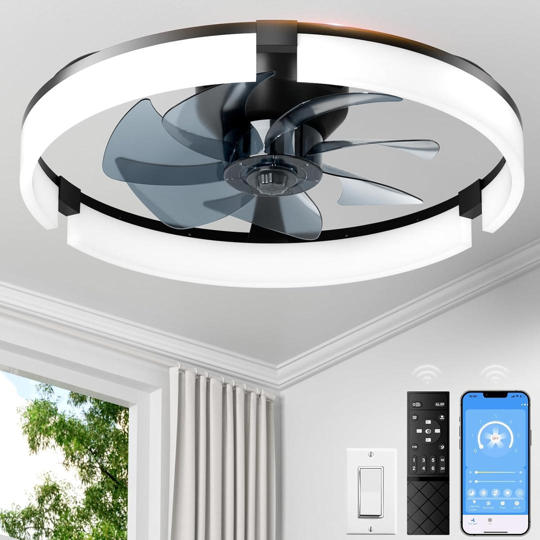 PACOVY Ceiling Fans with Lights and Remote 20 Inch, 3200LM LED & 6-Speed Fan, Low Profile Ceiling Fan Light Fandelier Dimmable 3000K6500K, Quiet Copper Motor, Bedroom Small Flush Mount Ceiling Fan