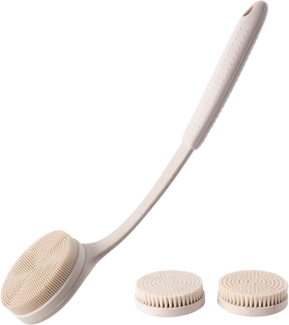 Long Handle Shower Back Scrubber,15.75 Inch Ergonomic Curved Brush with 3 Replaceable Heads with Soft and Firm Bristles,Silicone Handle for Easy Back Cleaning and Exfoliation,Bath Body Brush(Beige)
