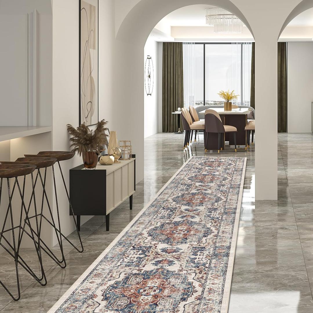 Hallway Washable Runner Rug - 2'6x14 Kitchen Rugs Entryway Rug Runner Vintage Soft Floor Mat Non Slip Indoor Farmhouse Carpet for Bathroom Living Room Bedroom (2'6''x14', Brick)