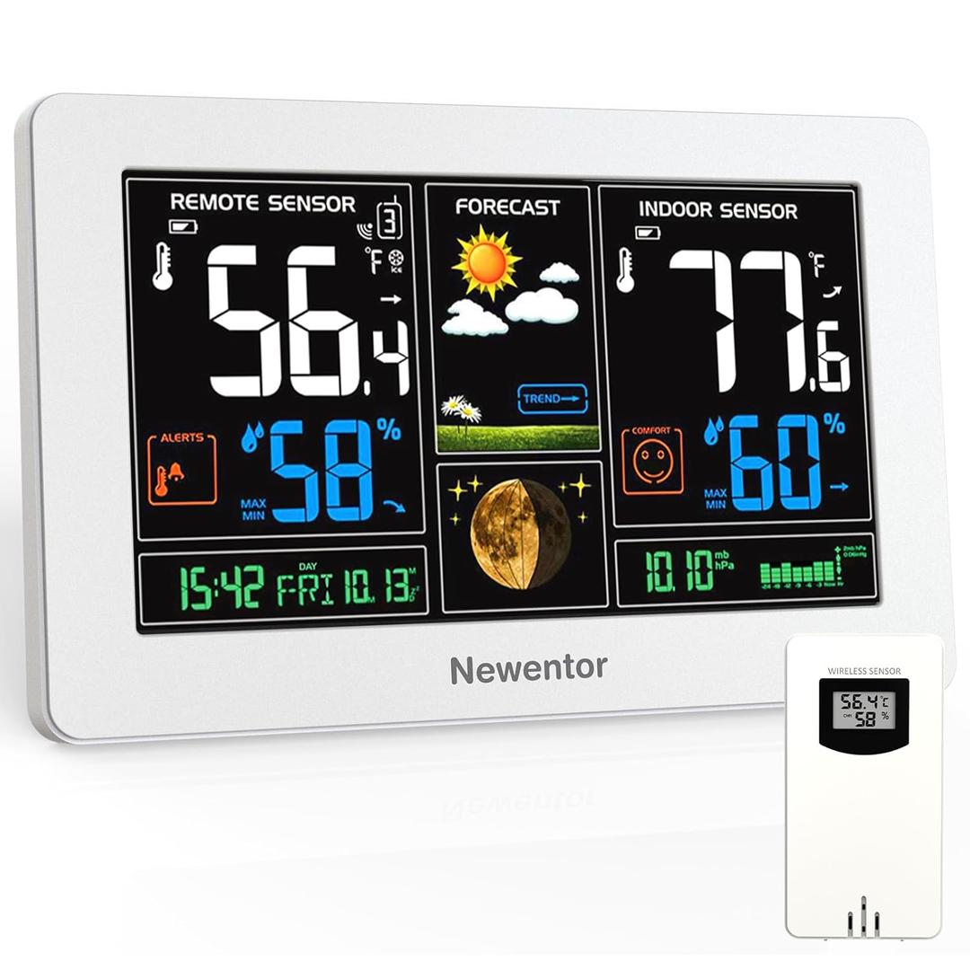 Newentor Weather Station Wireless Indoor Outdoor Thermometer, Color Display Digital Weather Thermometer with Atomic Clock, Barometric Pressure, Forecast Station with Adjustable Backlight, White