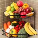 2 Tier Corner Fruit Basket for Kitchen Counter with Banana Hangers, Detachable Fruit Bowl with Wooden Handle, Metal Corner Rack for Fruit and Vegetable Storage, Kitchen Countertop Organizer