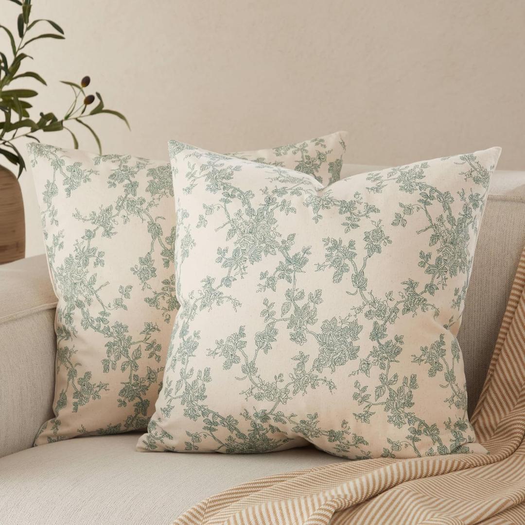 100% Cotton French Pastoral Throw Pillow Covers Set of 2, 18x18 Inch Vintage Green Farmhouse Decorative Cushion Covers for Sofa Bed Living Room Home Decor
