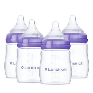 Lansinoh Anti-Colic Baby Bottles, BPA-Free Plastic, 5 Ounces, 4 Count, Slow Flow Nipples (Size S), Breastfeeding Bottle with NaturalWave Design