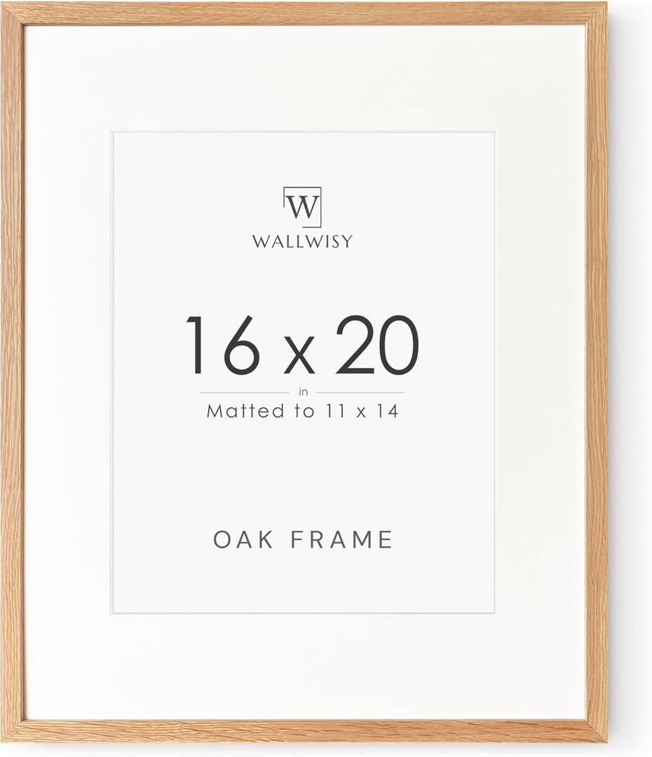 16x20 Picture Frame, Solid Oak 16x20 Picture Frame with Mat, 20x16 Natural Wood Frame for Wall Art Photo, Set of 1